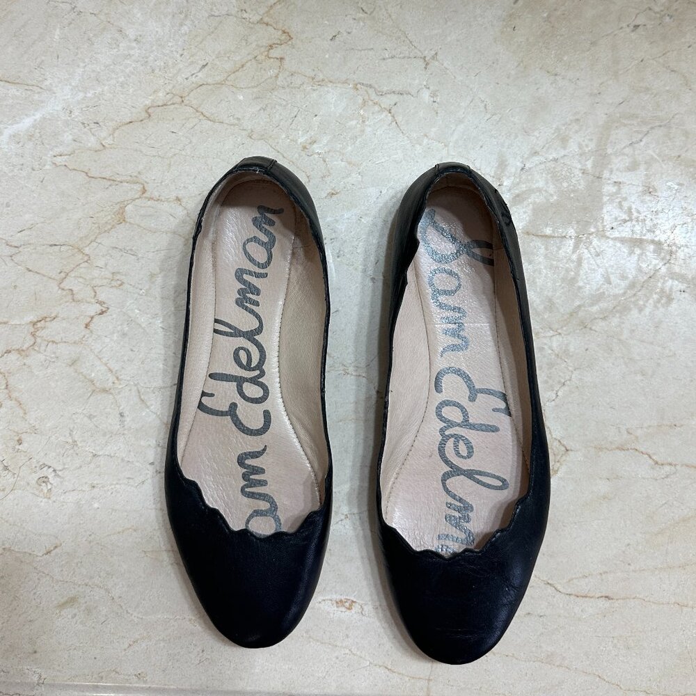 SAM EDELMAN Finnegan Black Leather Ballet Flats Scalloped Edged, Size 6